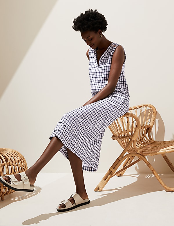 Linen Blend Checked V-Neck Midi Shift Dress