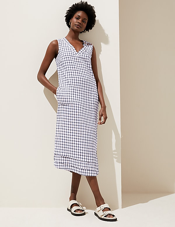 Linen Blend Checked V-Neck Midi Shift Dress