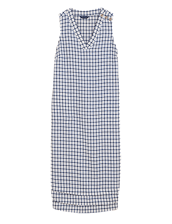 Linen Blend Checked V-Neck Midi Shift Dress