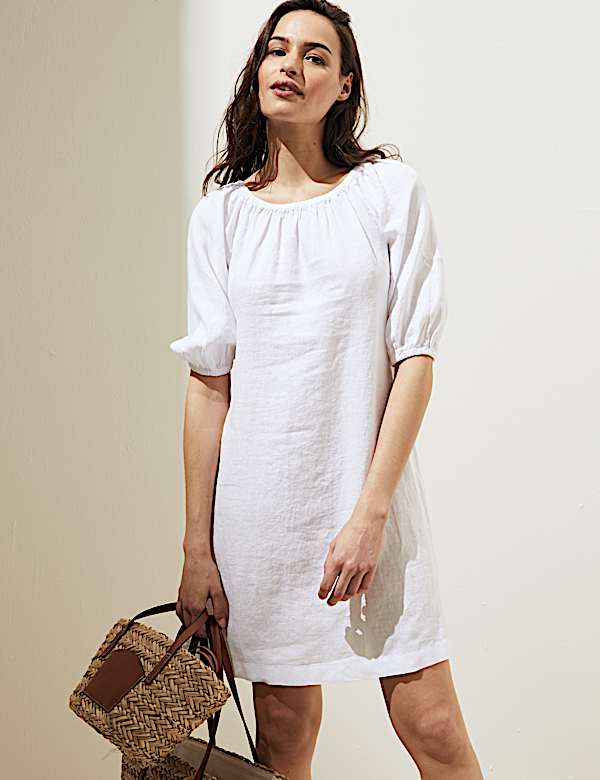 Pure Linen Bardot Short Sleeve Midi Dress