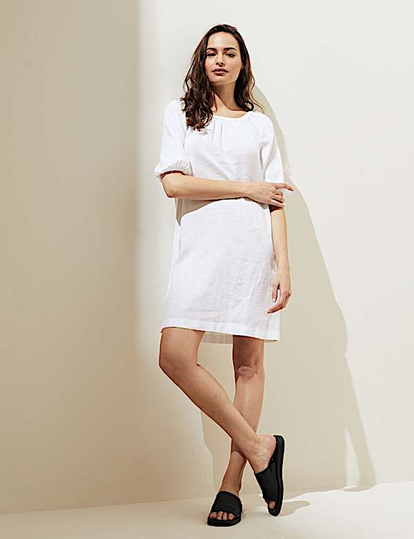 Pure Linen Bardot Short Sleeve Midi Dress