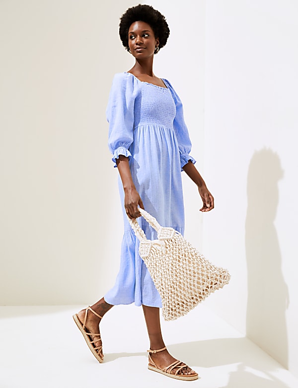 Linen Blend Shirred Midi Smock Dress