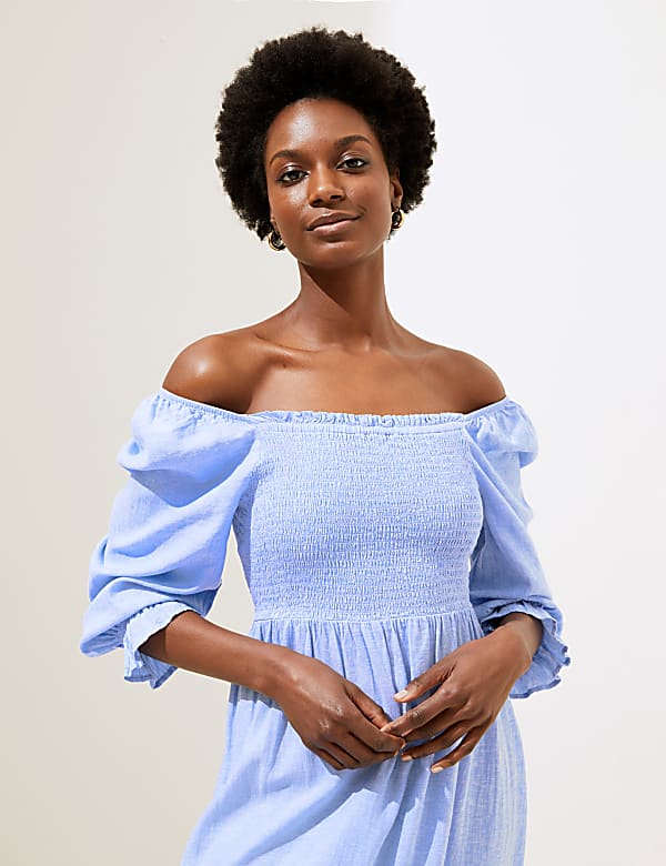 Linen Blend Shirred Midi Smock Dress