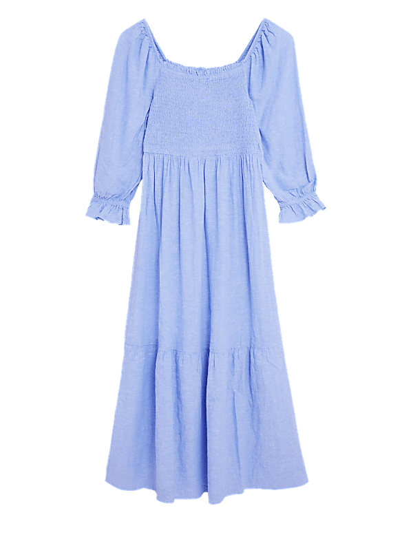 Linen Blend Shirred Midi Smock Dress