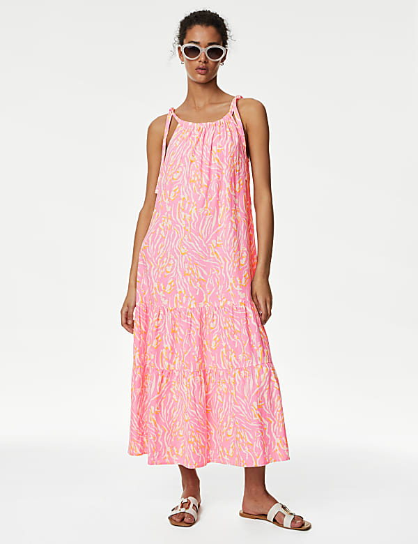 Linen Blend Animal Print Maxi Tiered Dress