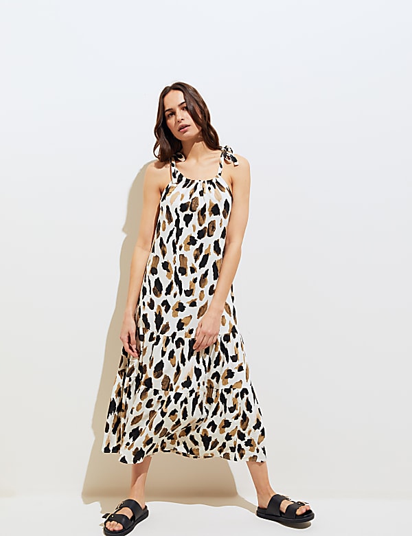 Linen Blend Animal Print Maxi Tiered Dress