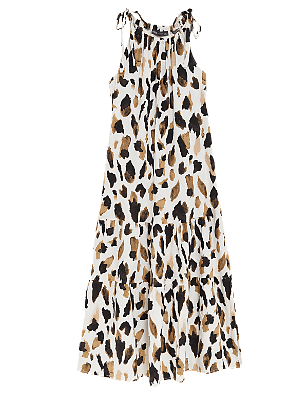 Linen Blend Animal Print Maxi Tiered Dress