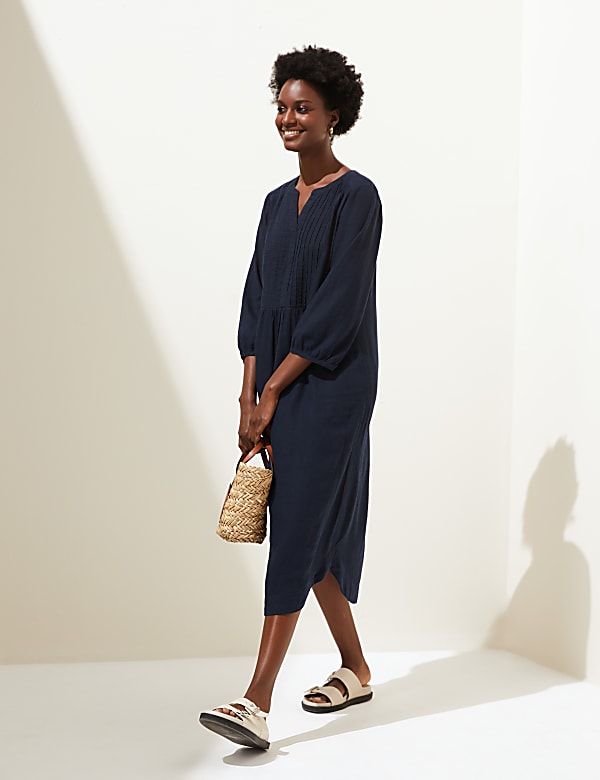 Linen Blend V-Neck Midi Waisted Dress