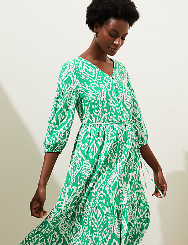Linen Blend Printed V-Neck Midi Dress