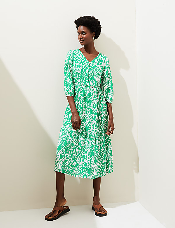 Linen Blend Printed V-Neck Midi Dress