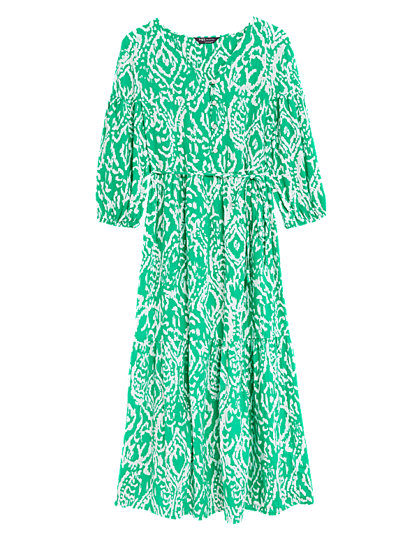 Linen Blend Printed V-Neck Midi Dress