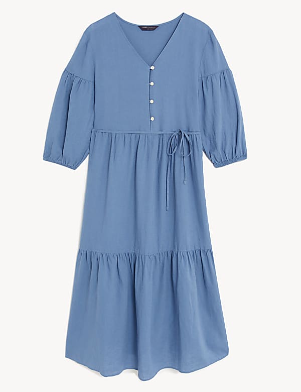 Linen Blend V-Neck Belted Midi Tiered Dress - US