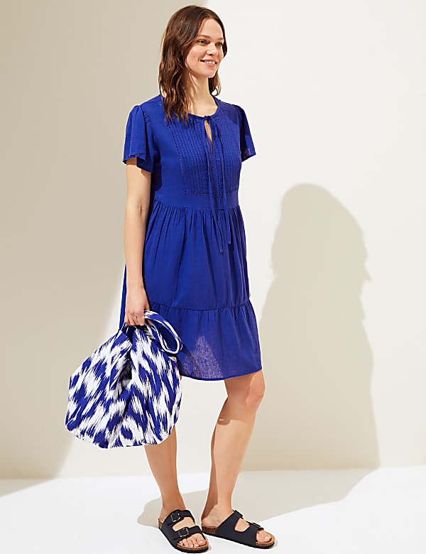 Linen Blend Tie Neck Mini Tiered Dress