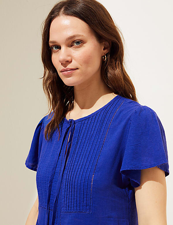 Linen Blend Tie Neck Mini Tiered Dress