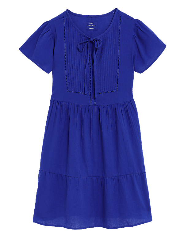 Linen Blend Tie Neck Mini Tiered Dress