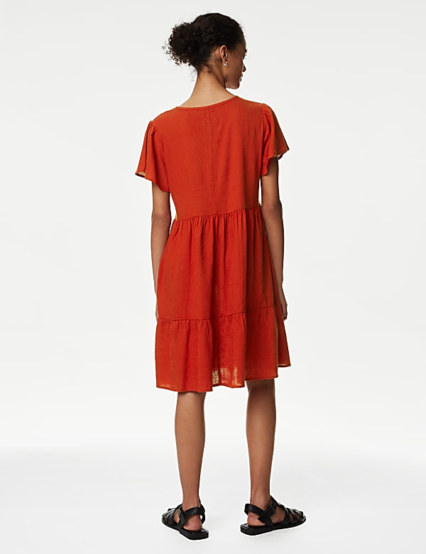 Linen Blend Tie Neck Mini Tiered Dress
