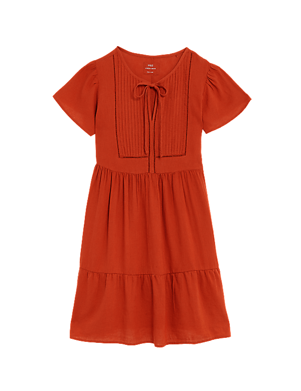 Linen Blend Tie Neck Mini Tiered Dress