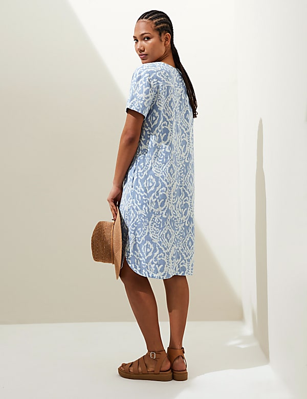 Linen Rich Printed V-Neck Midi Shift Dress