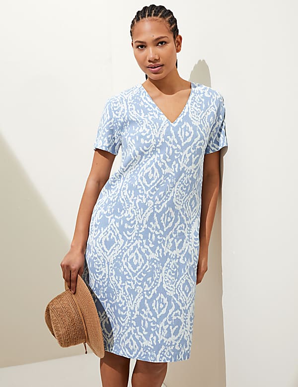Linen Rich Printed V-Neck Midi Shift Dress