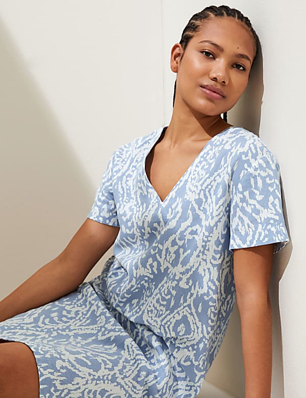 Linen Rich Printed V-Neck Midi Shift Dress