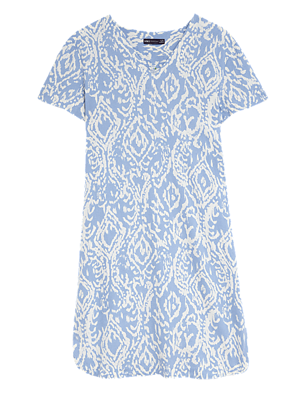 Linen Rich Printed V-Neck Midi Shift Dress