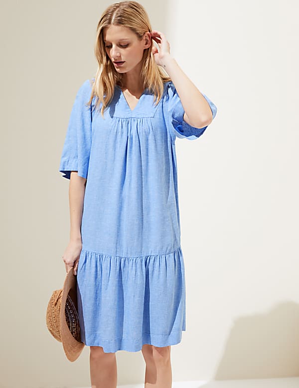 Linen Blend V-Neck Knee Length Tiered Dress