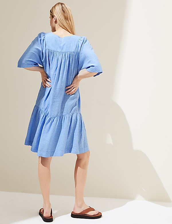 Linen Blend V-Neck Knee Length Tiered Dress