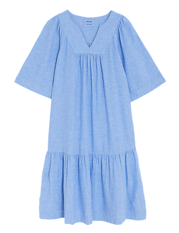 Linen Blend V-Neck Knee Length Tiered Dress