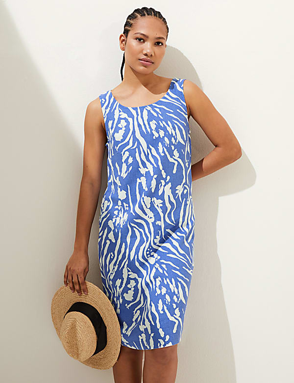 Linen Rich Printed Round Neck Shift Dress
