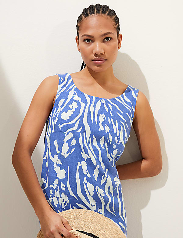 Linen Rich Printed Round Neck Shift Dress