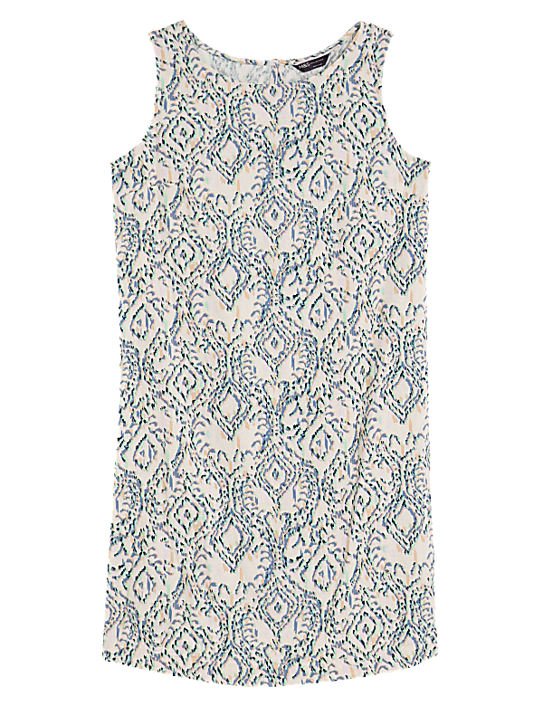 Linen Rich Printed Round Neck Shift Dress
