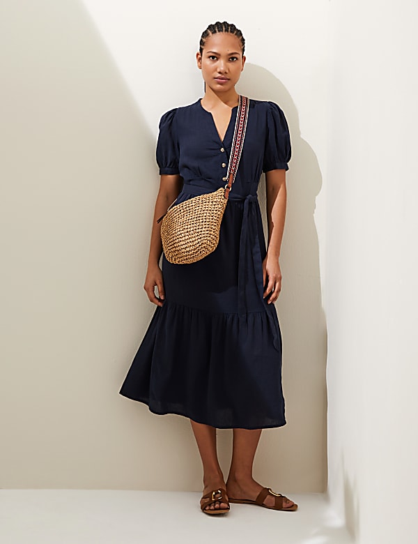 Linen Blend V-Neck Tie Waist Midi Tea Dress