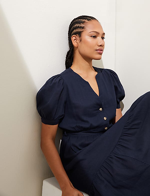 Linen Blend V-Neck Tie Waist Midi Tea Dress