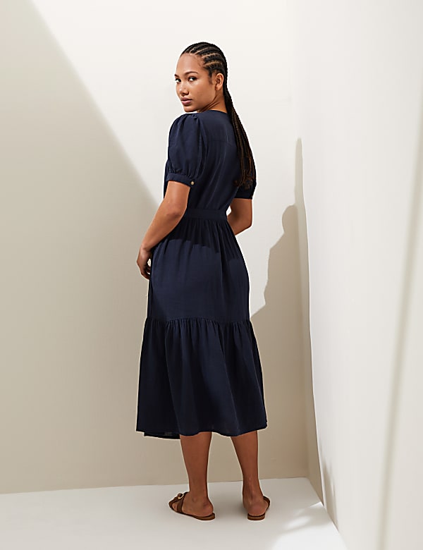 Linen Blend V-Neck Tie Waist Midi Tea Dress