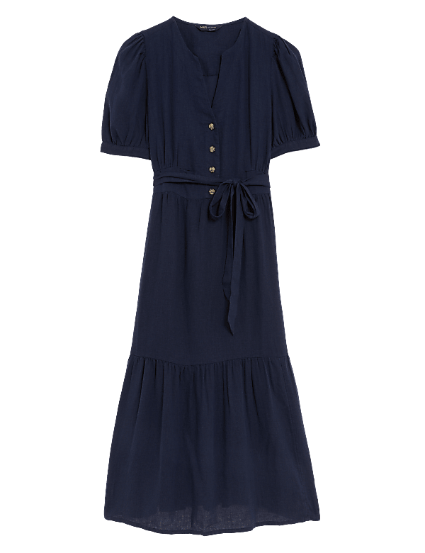 Linen Blend V-Neck Tie Waist Midi Tea Dress