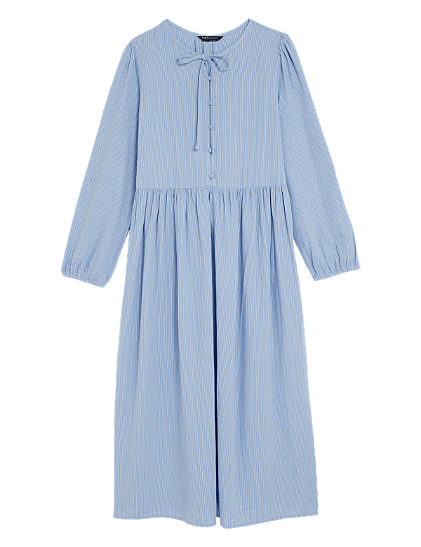 Linen Rich Tie Neck Midi Waisted Dress