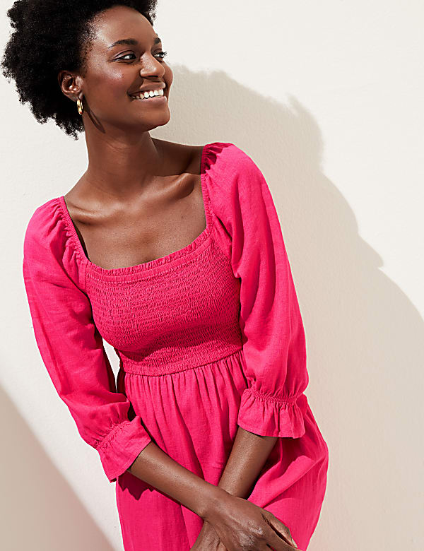 Linen Blend Square Neck Shirred Midi Dress
