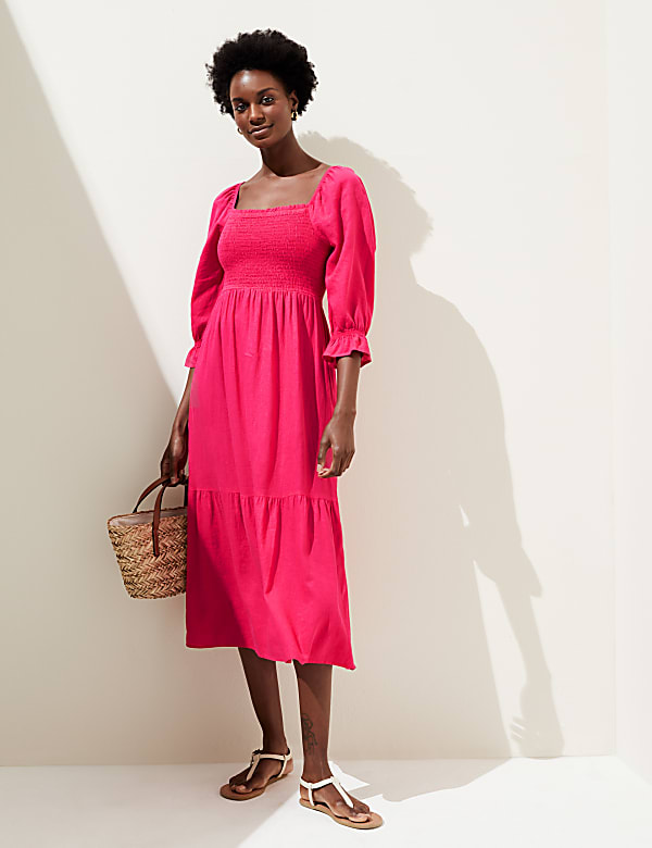 Linen Blend Square Neck Shirred Midi Dress