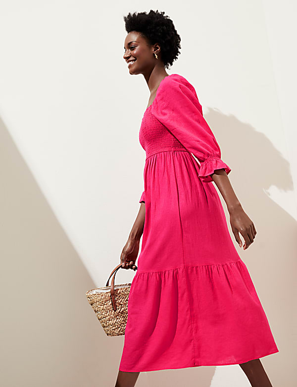 Linen Blend Square Neck Shirred Midi Dress