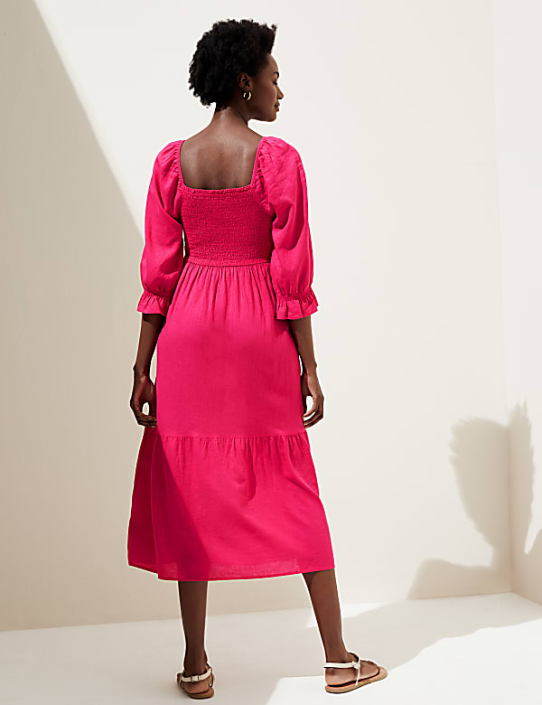 Linen Blend Square Neck Shirred Midi Dress