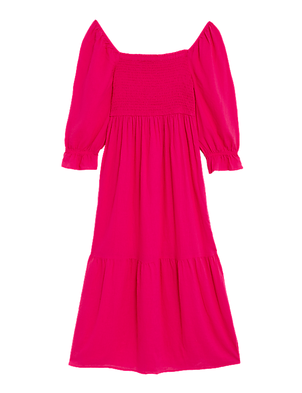 Linen Blend Square Neck Shirred Midi Dress