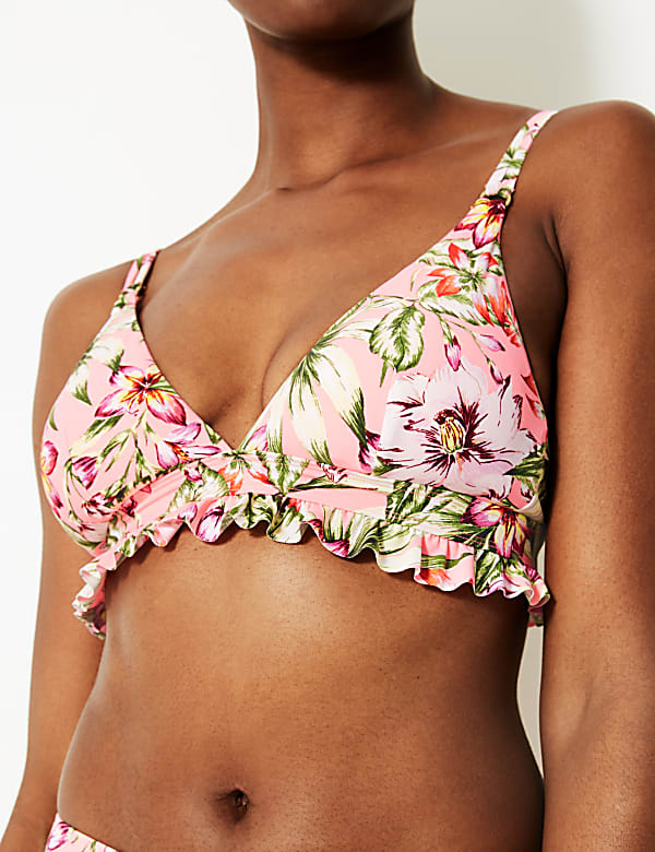 Floral Print Frill Plunge Bikini Top