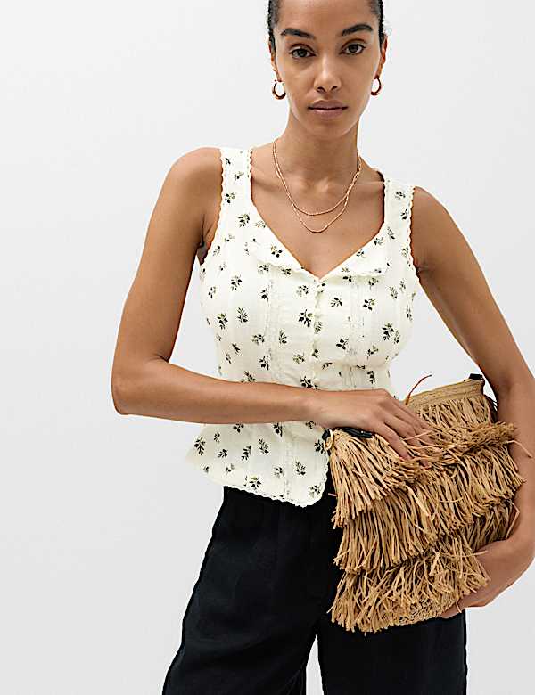 Linen Rich Floral Lace Insert Top - CH