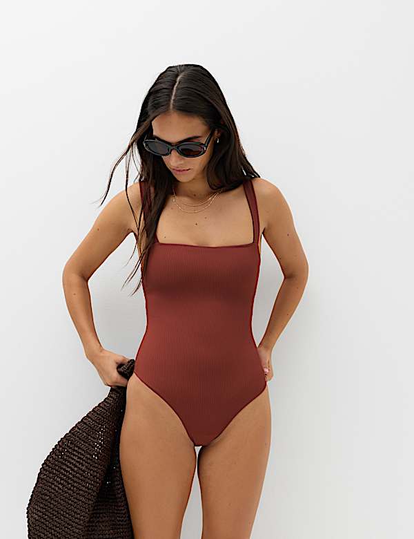 Firm Control Ribbed Square Neck Swimsuit - CN