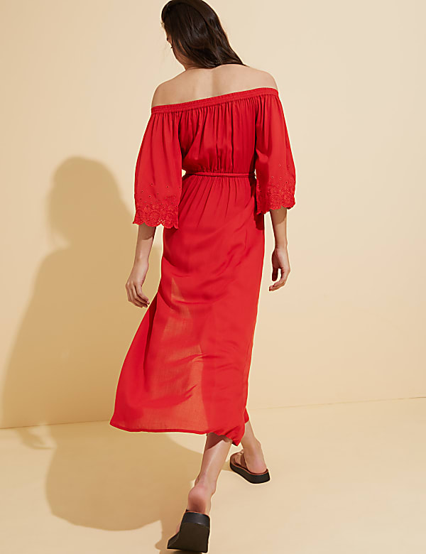 Embroidered Bardot Maxi Waisted Beach Dress