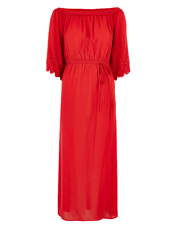 Embroidered Bardot Maxi Waisted Beach Dress