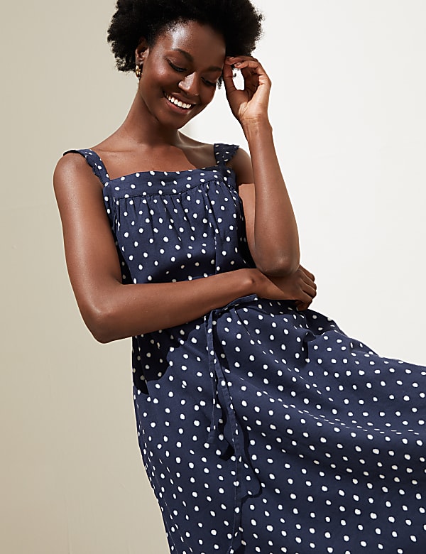 Buy Linen Rich Polka Dot Square Neck Midi Dress at Marks Spencer