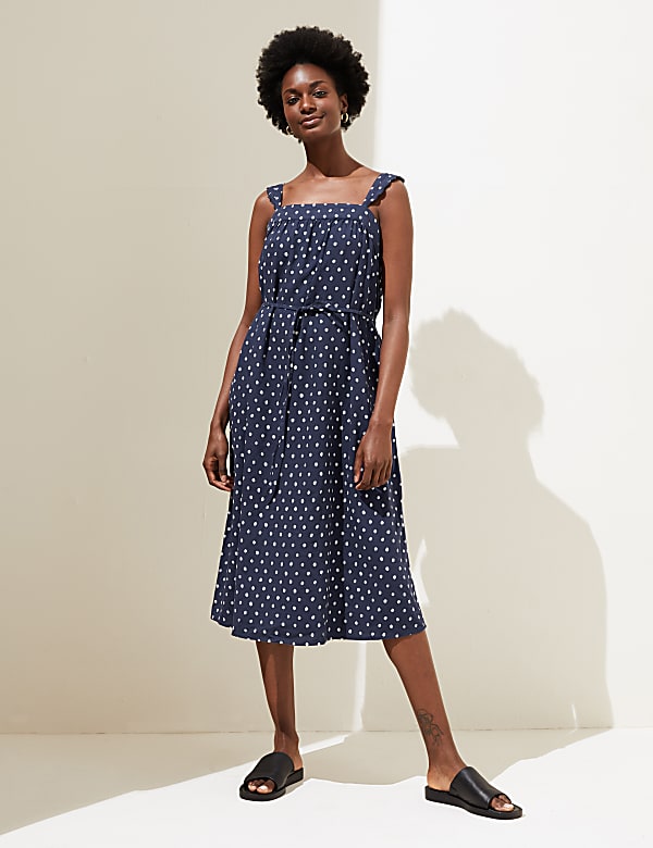 Linen Rich Polka Dot Square Neck Midi Dress