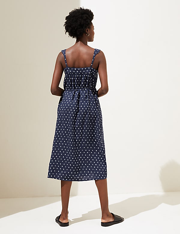 Linen Rich Polka Dot Square Neck Midi Dress