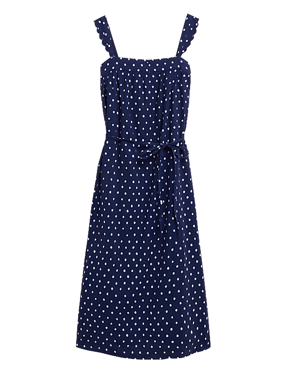 Linen Rich Polka Dot Square Neck Midi Dress